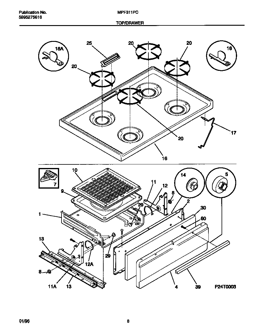 Universal/Multiflex (Frigidaire) MPF311PCWB top/drawer diagram
