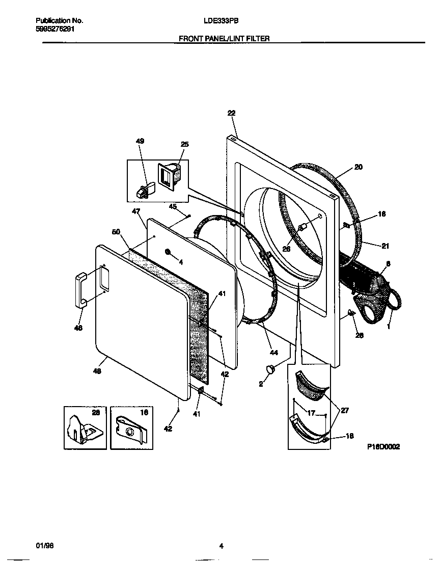 Frigidaire LDE333PBW0 front panel/lint filter diagram