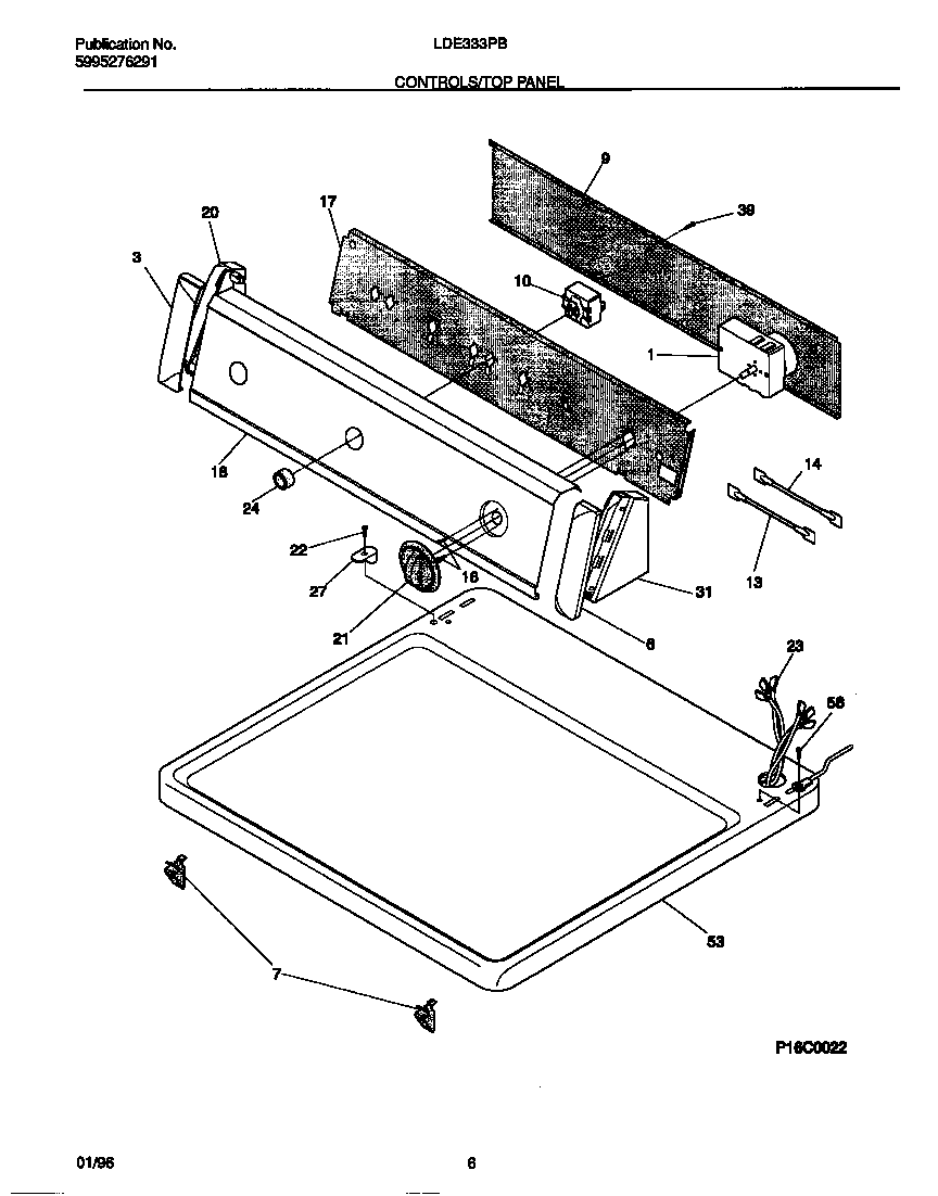 Frigidaire LDE333PBW0 controls/top panel diagram
