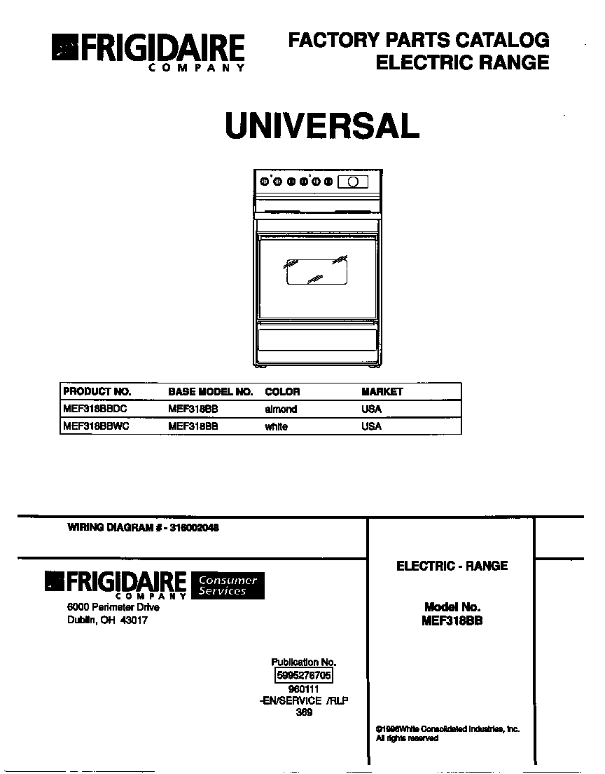 Universal/Multiflex (Frigidaire) MEF318BBDC cover diagram