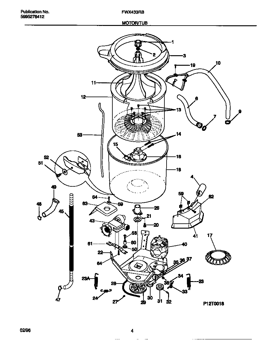 Frigidaire FWX433RBS4 motor/tub diagram