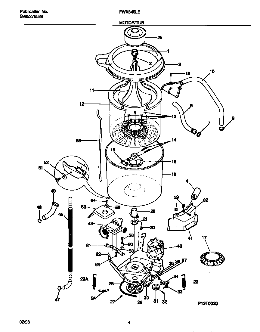 Frigidaire FWX645LBS4 motor/tub diagram