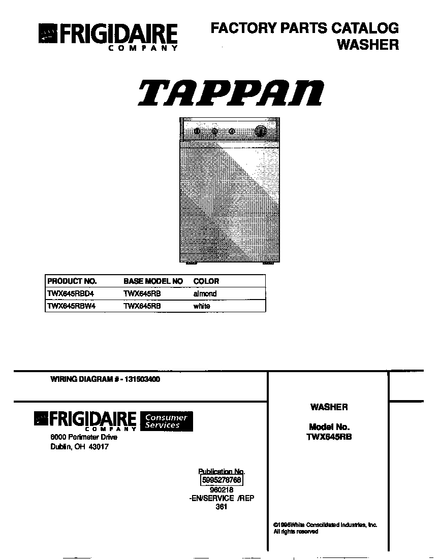 Tappan TWX645RBD4 cover diagram