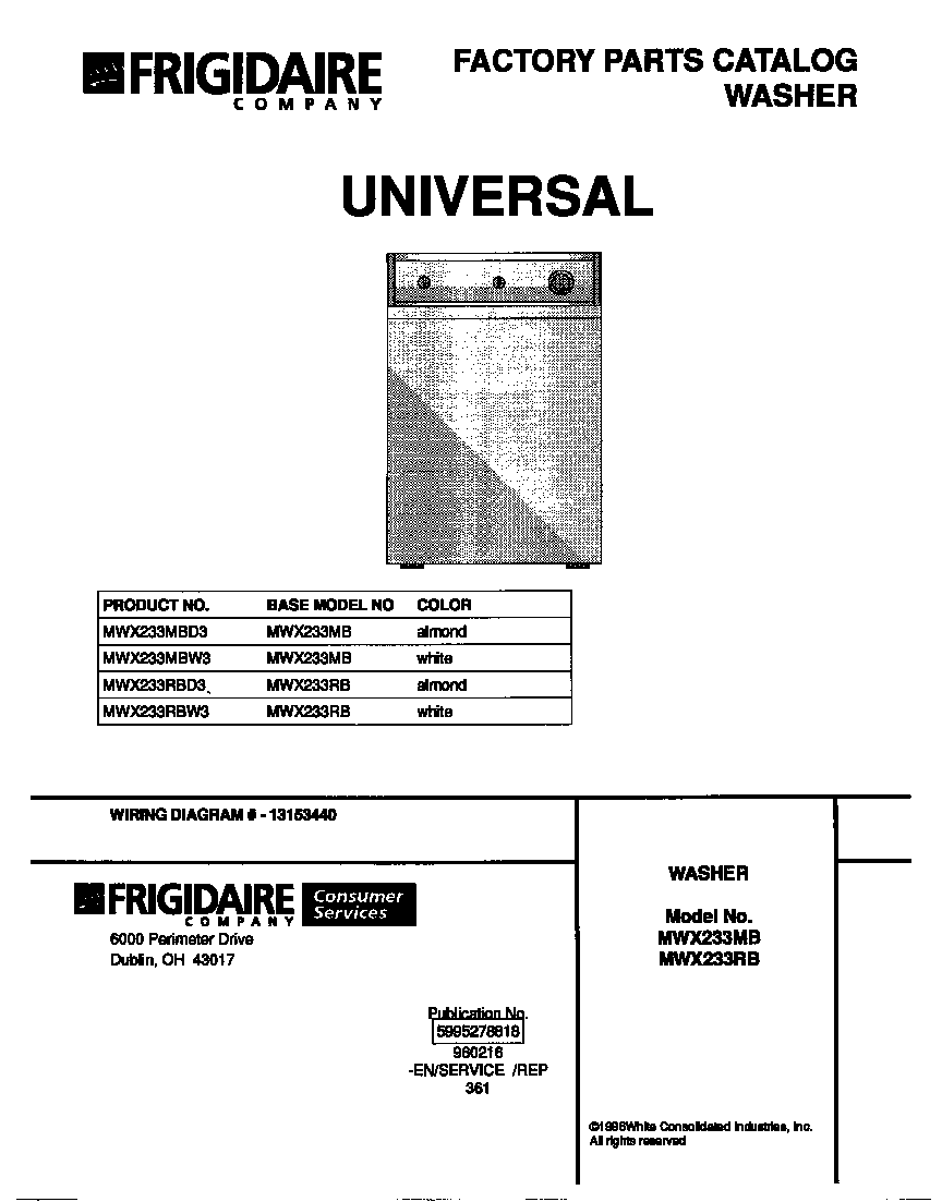 Universal/Multiflex (Frigidaire) MWX233MBW3 cover diagram