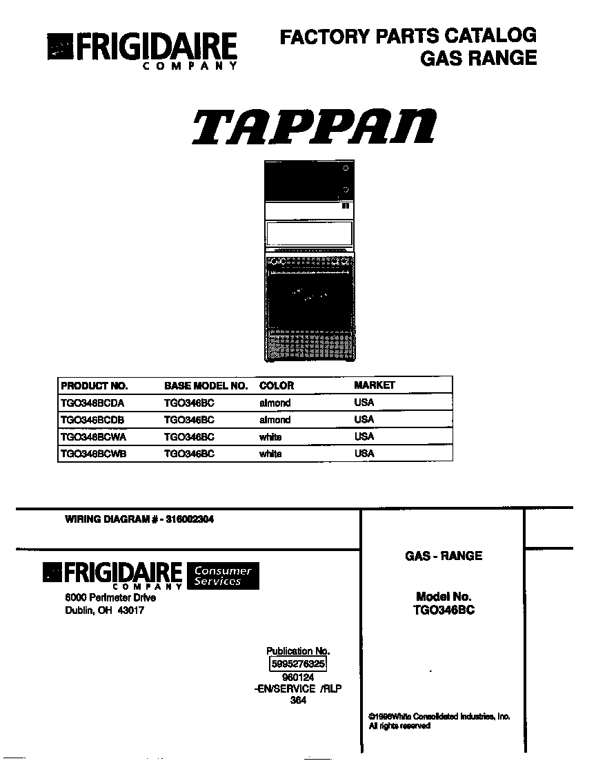 Tappan TGO346BCWB cover diagram