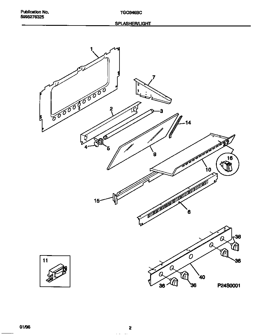 Tappan TGO346BCWB splasher/light diagram