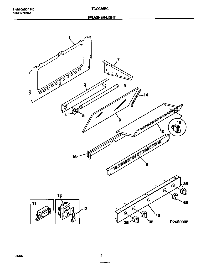 Tappan TGO356BCWB splasher/light diagram