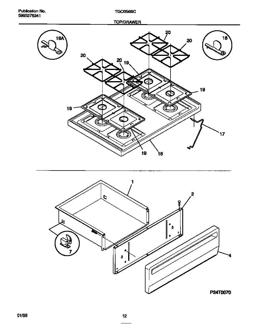 Tappan TGO356BCWB top/drawer diagram