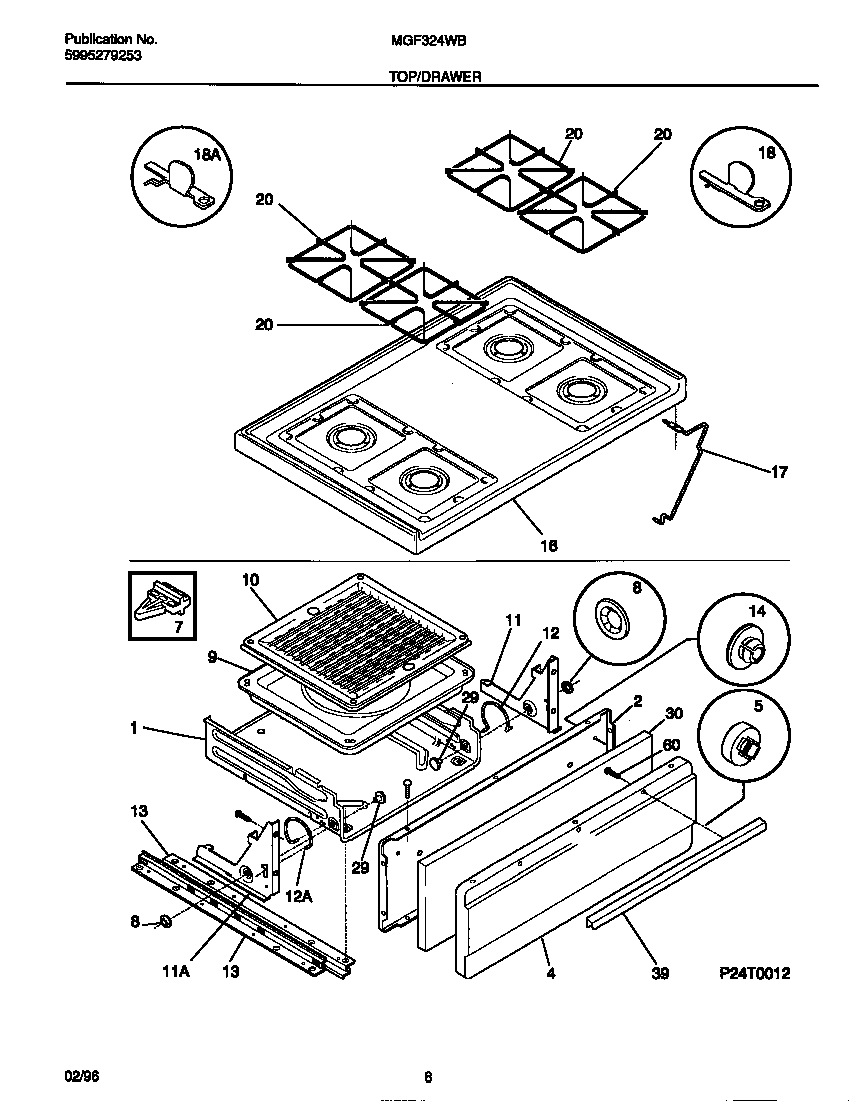 Universal/Multiflex (Frigidaire) MGF324WBSE top/drawer diagram
