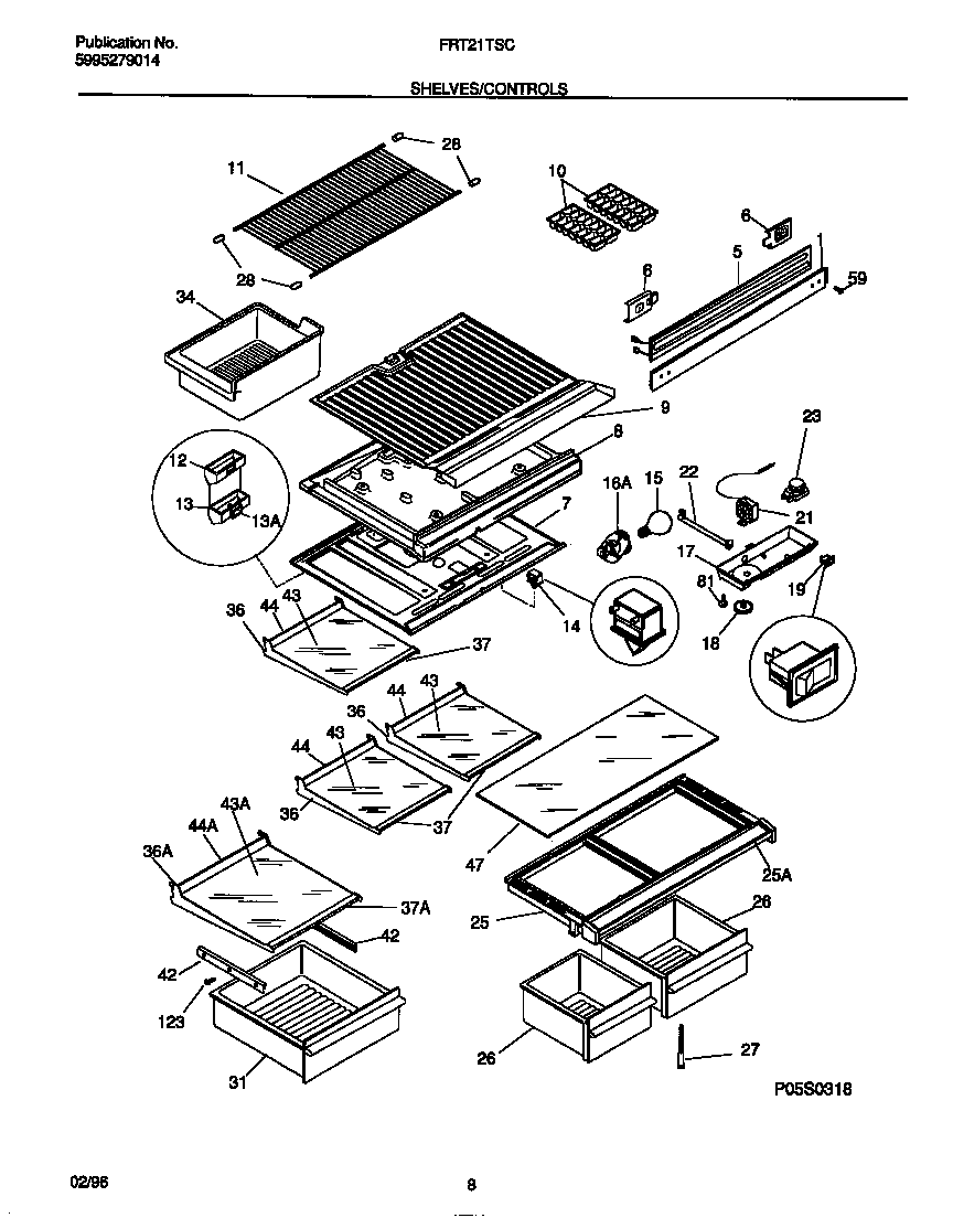 Frigidaire FRT21TSCD2 shelves/controls diagram