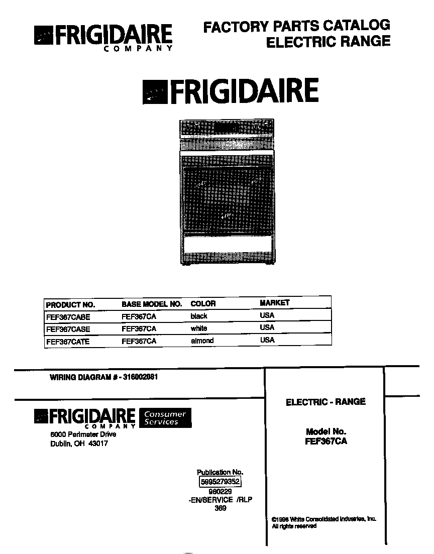 Frigidaire FEF367CASE cover diagram