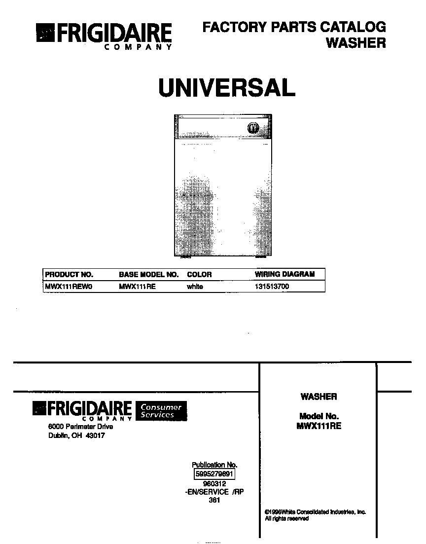 Universal/Multiflex (Frigidaire) MWX111REW0 cover diagram
