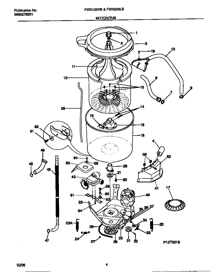 Frigidaire FWX223LBS3 motor/tub diagram