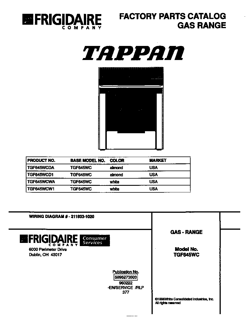 Tappan TGF645WCW1 cover diagram