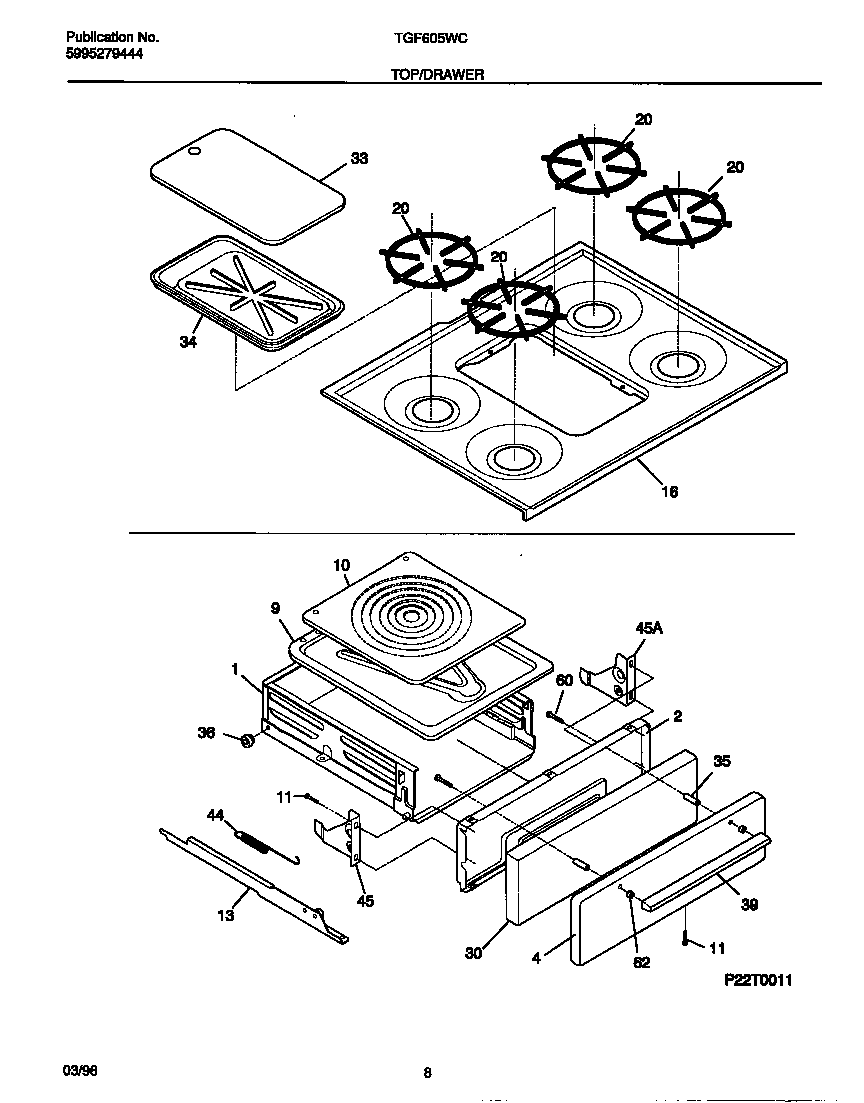 Tappan TGF605WCW2 top/drawer diagram