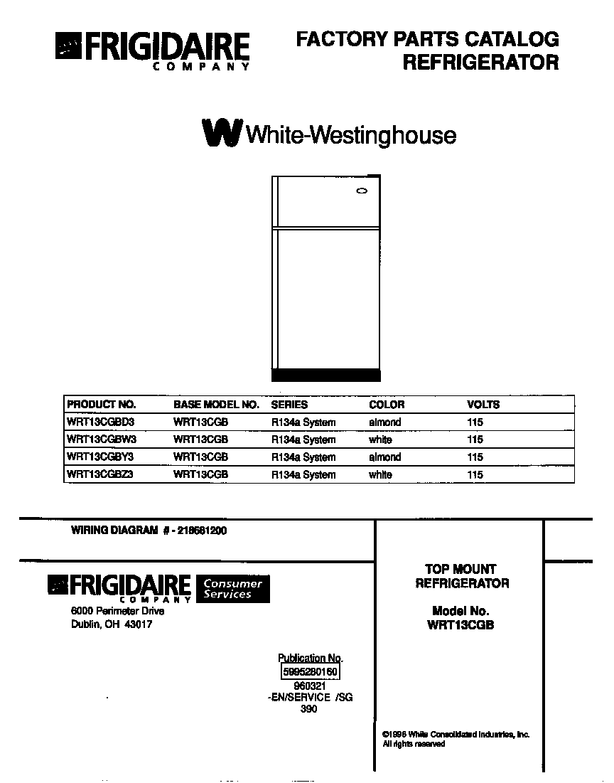 White-Westinghouse WRT13CGBZ3 cover diagram