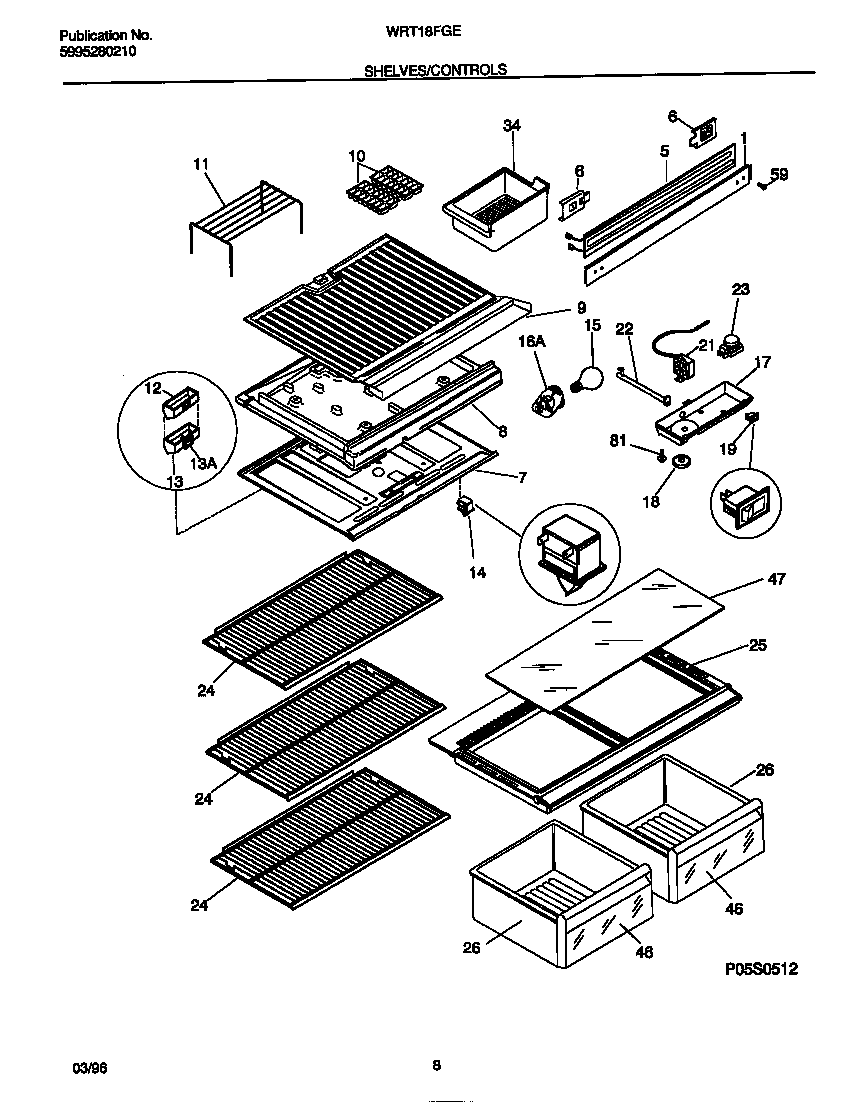White-Westinghouse WRT18FGED0 shelves/controls diagram
