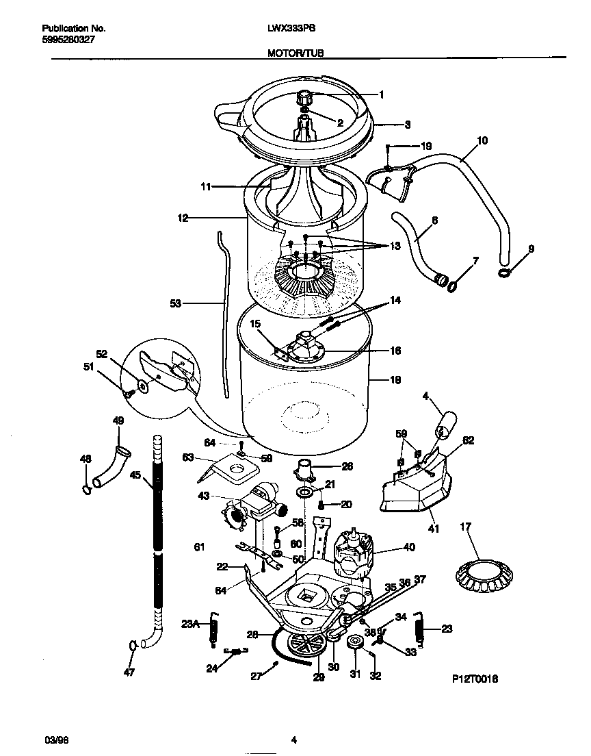 Frigidaire LWX333PBW1 motor/tub diagram