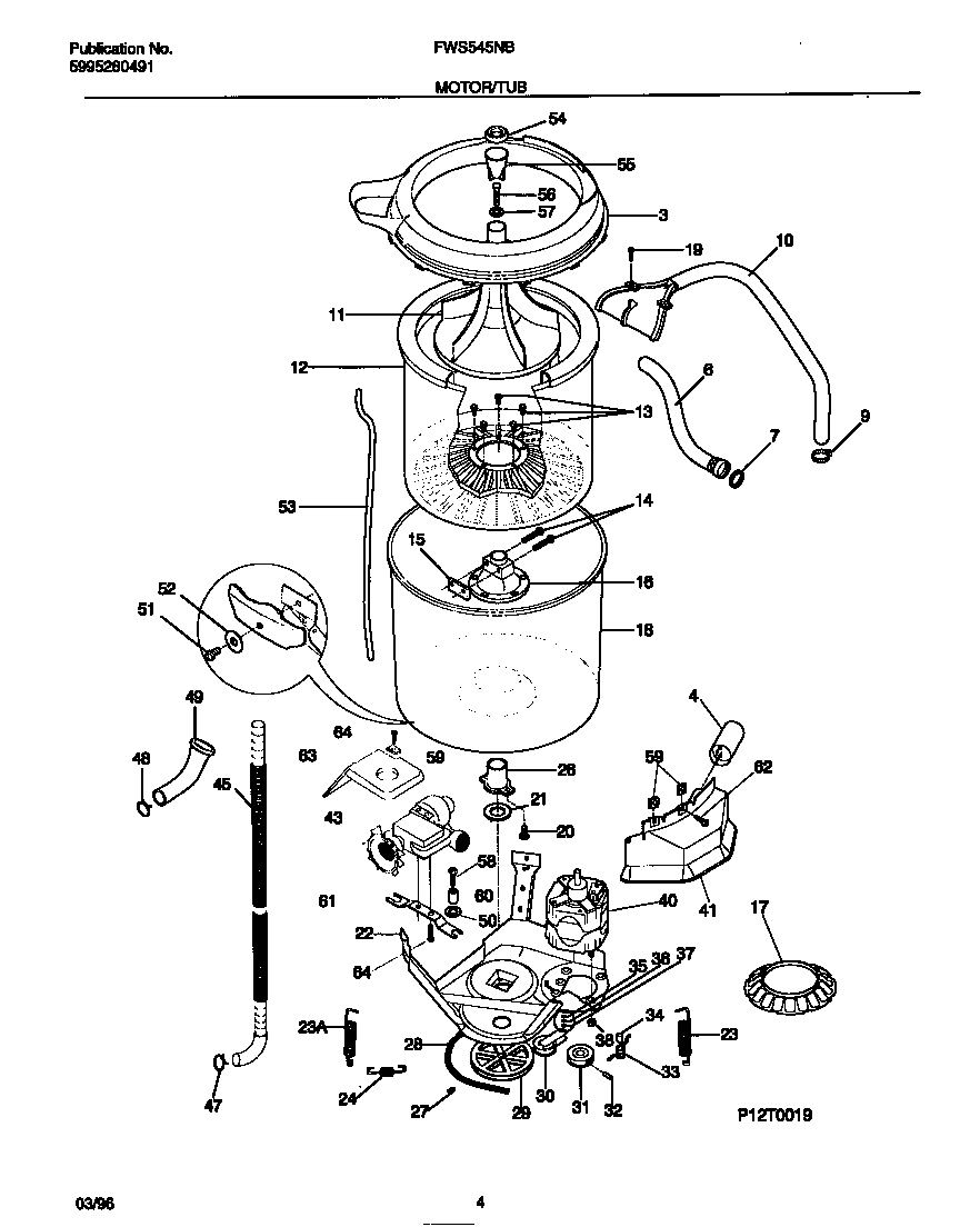 Frigidaire FWS545NBT3 motor/tub diagram