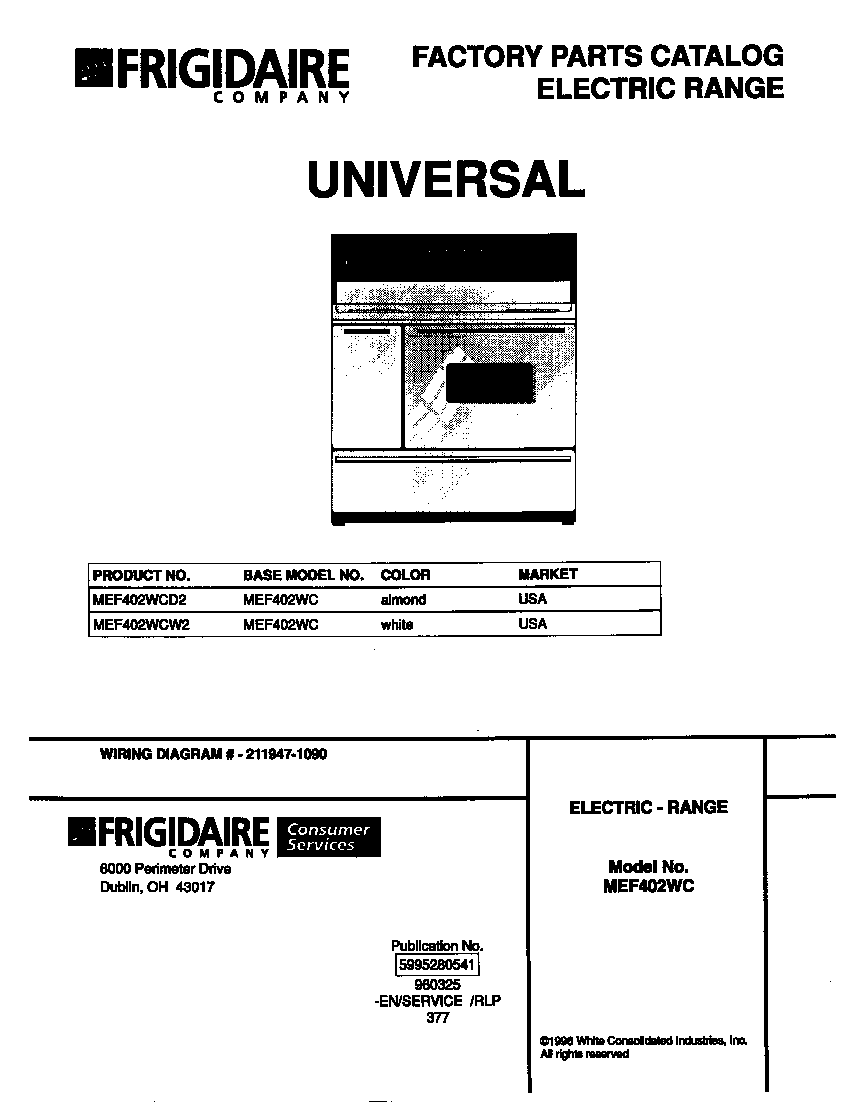 Universal/Multiflex (Frigidaire) MEF402WCD2 cover diagram