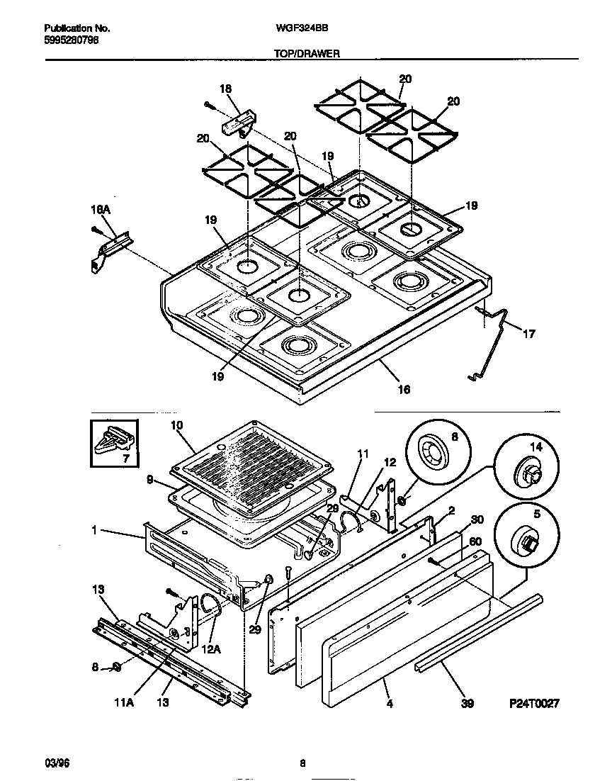 White-Westinghouse WGF324BBDB top/drawer diagram