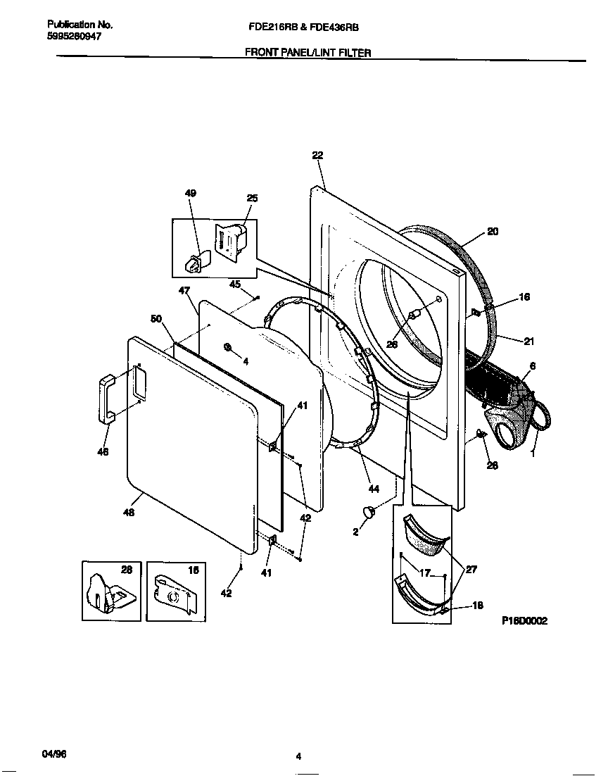 Frigidaire FDE436RBT2 front panel/lint filter diagram
