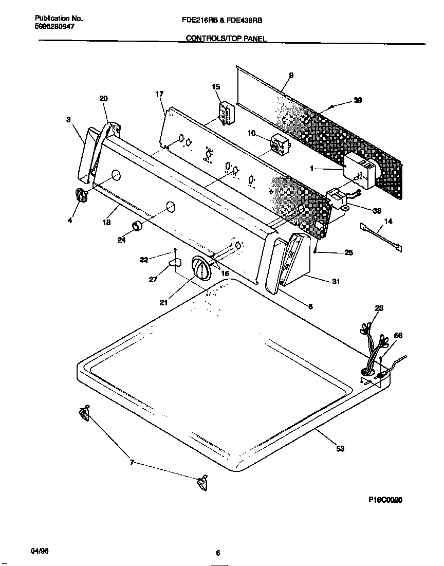Frigidaire FDE436RBT2 controls/top panel diagram