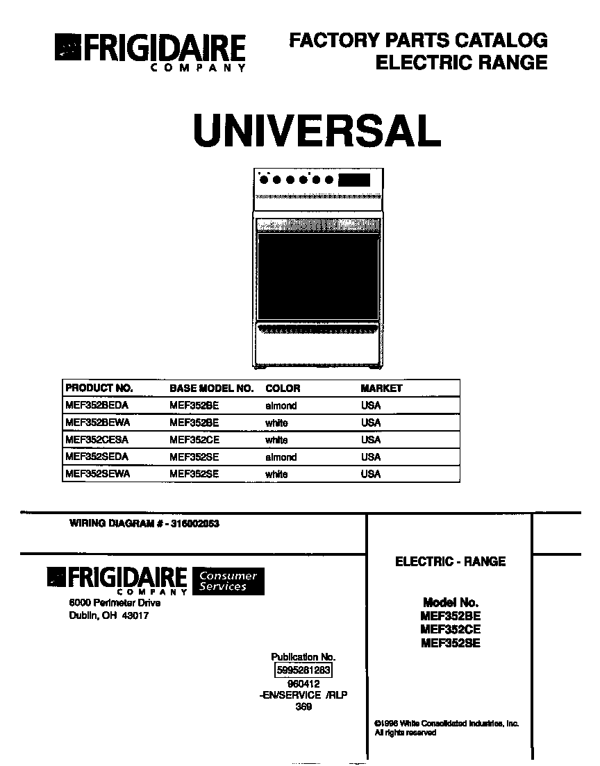 Universal/Multiflex (Frigidaire) MEF352CESA cover diagram