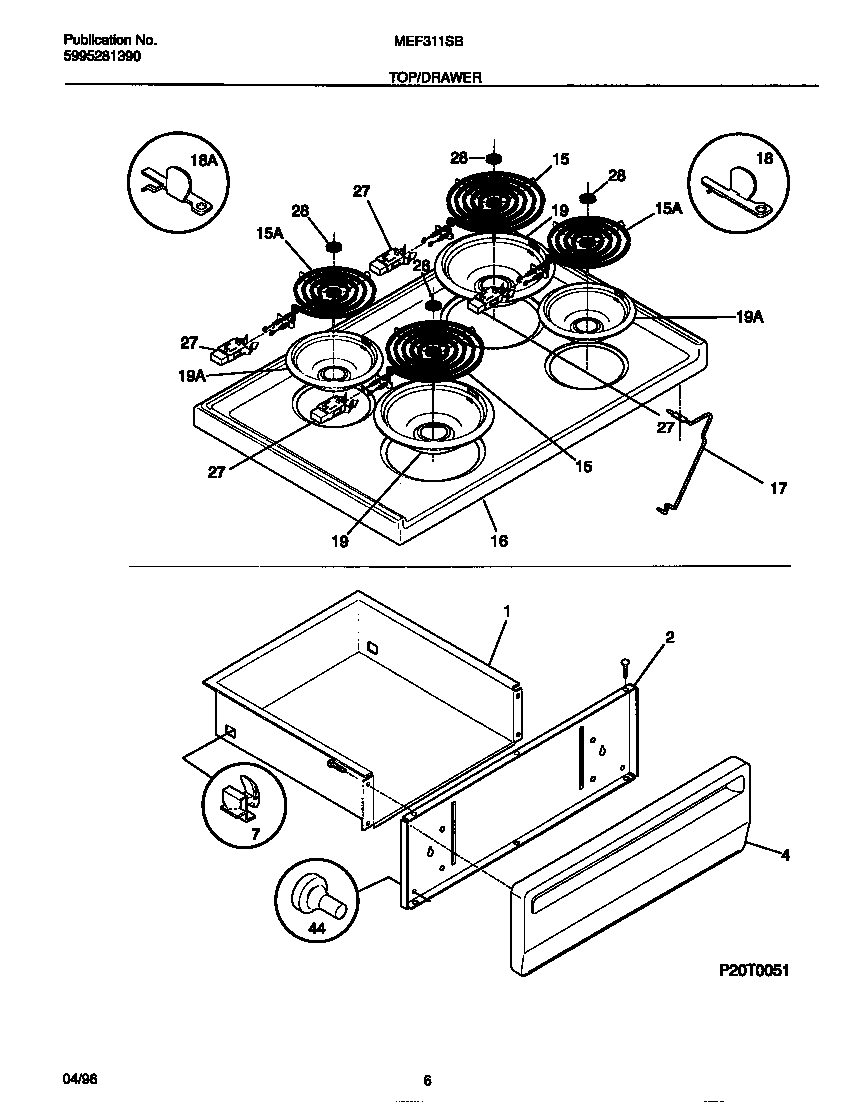 Universal/Multiflex (Frigidaire) MEF311SBWE top/drawer diagram