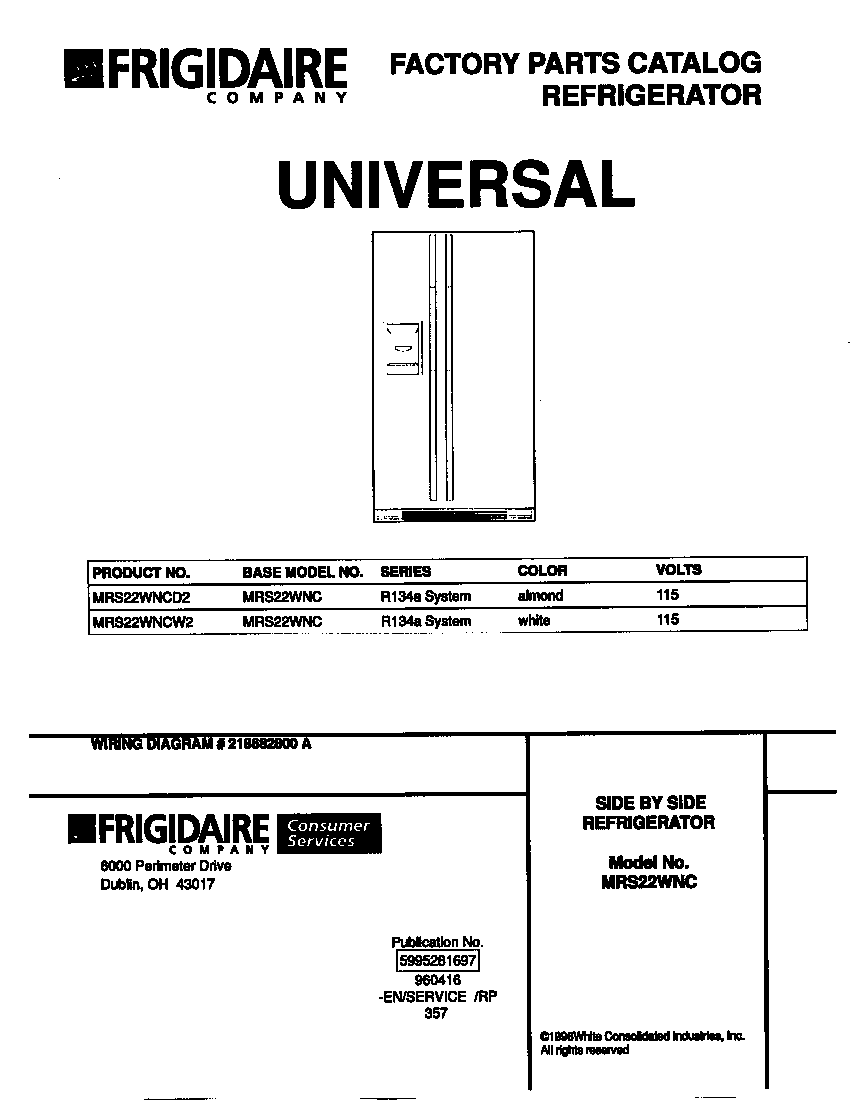 Universal/Multiflex (Frigidaire) MRS22WNCD2 cover diagram