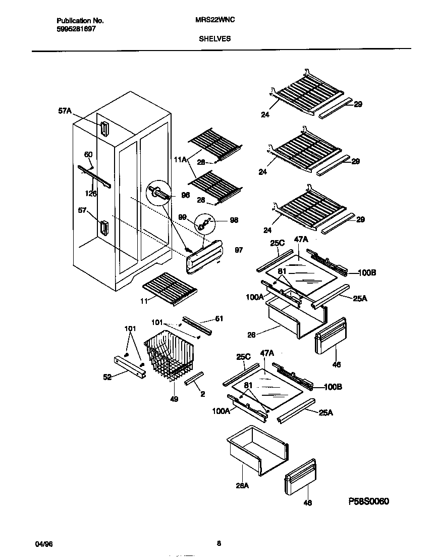 Universal/Multiflex (Frigidaire) MRS22WNCD2 shelves diagram