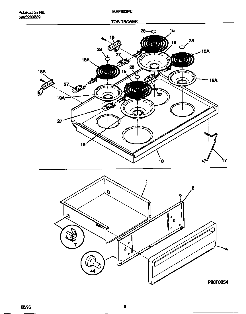 Universal/Multiflex (Frigidaire) MEF303PCDE top/drawer diagram