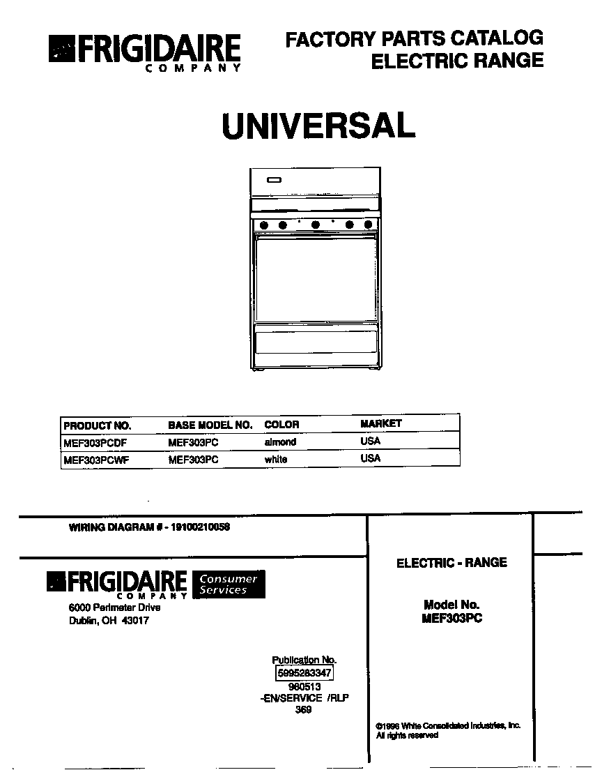 Universal/Multiflex (Frigidaire) MEF303PCDF cover diagram