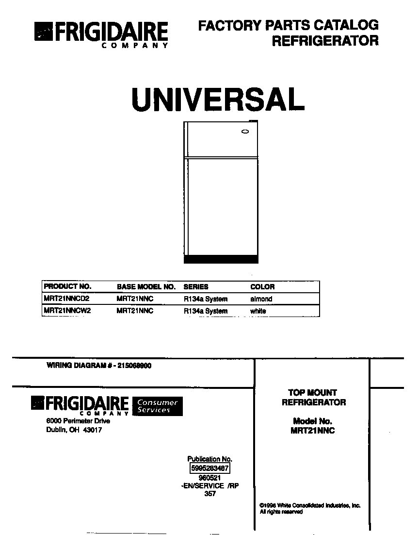 Universal/Multiflex (Frigidaire) MRT21NNCW2 cover diagram
