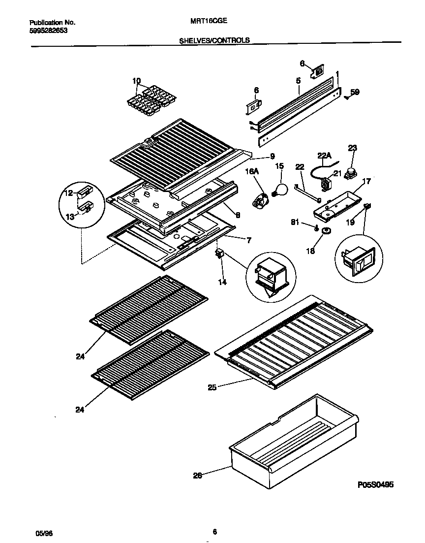 Universal/Multiflex (Frigidaire) MRT16CGED0 shelves/controls diagram