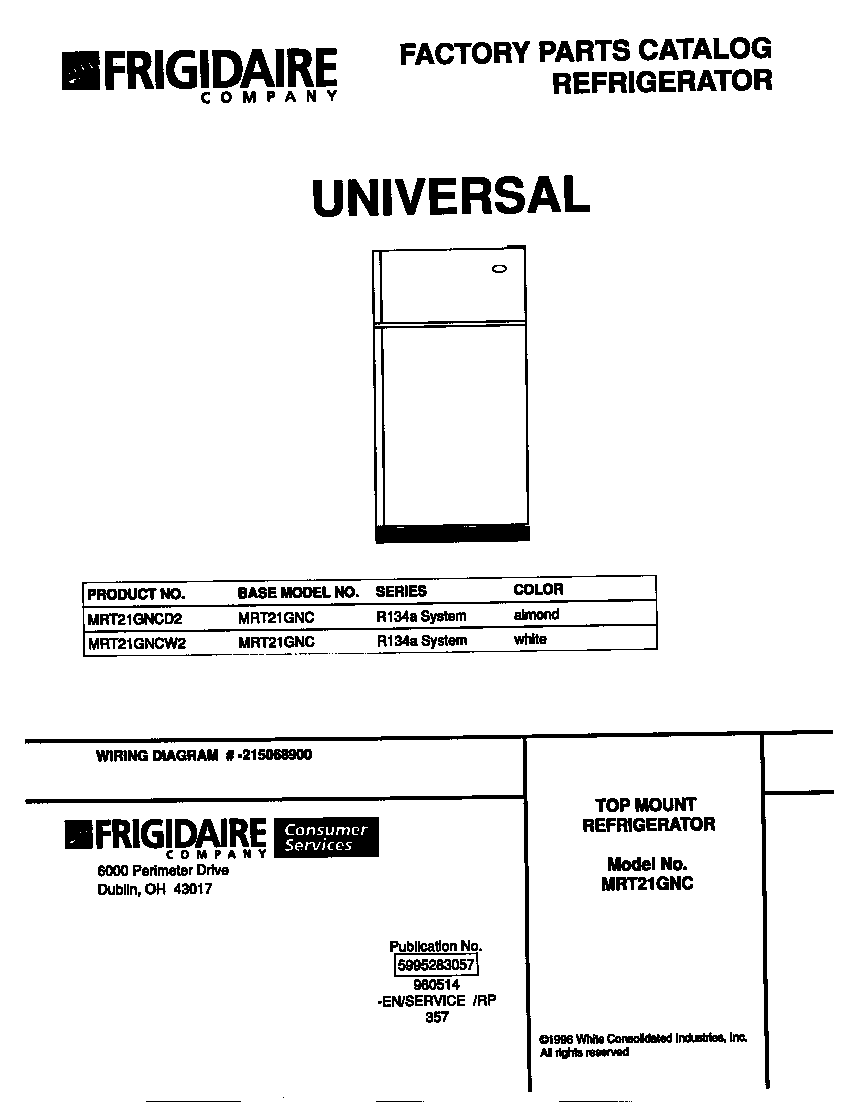 Universal/Multiflex (Frigidaire) MRT21GNCD2 cover diagram