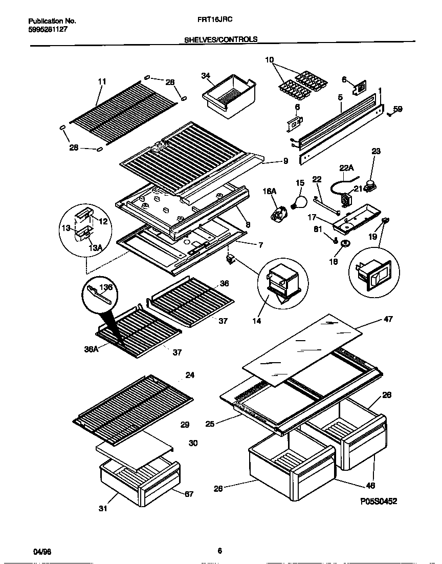 Frigidaire FRT16JRCD2 shelves/controls diagram