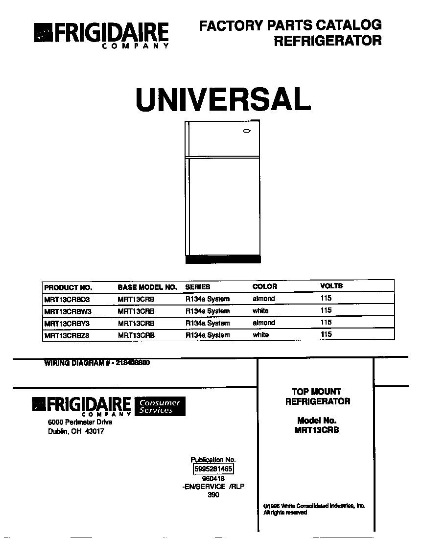 Universal/Multiflex (Frigidaire) MRT13CRBY3 cover diagram