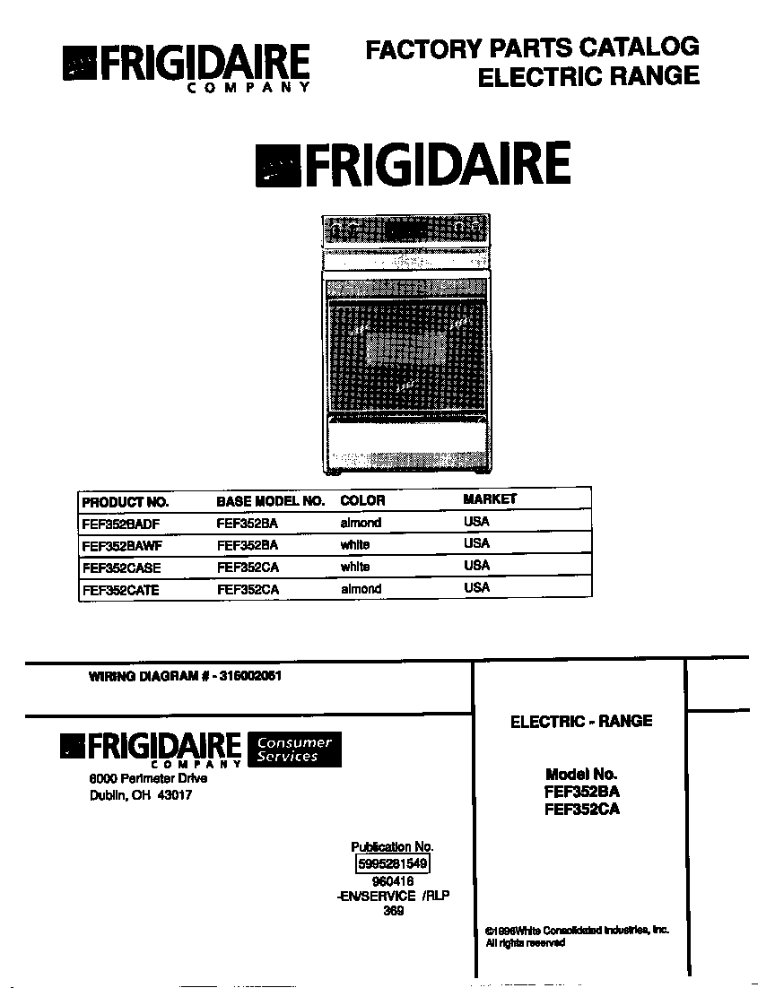 Frigidaire FEF352CASE cover diagram