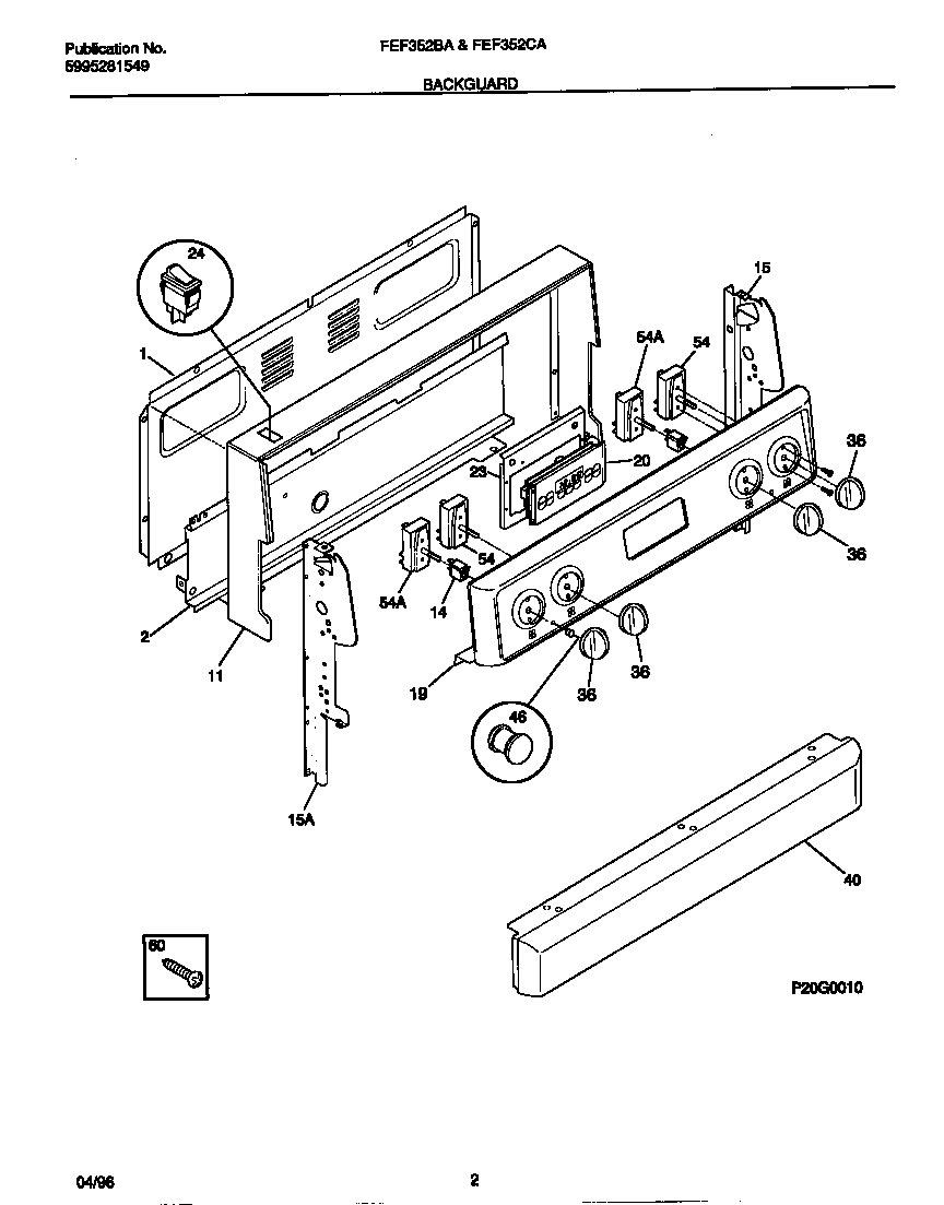 Frigidaire FEF352CASE backguard diagram