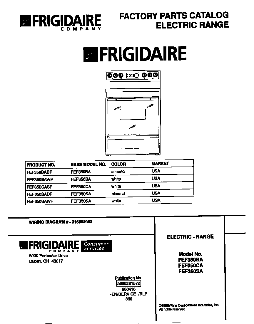 Frigidaire FEF350SAWF cover diagram