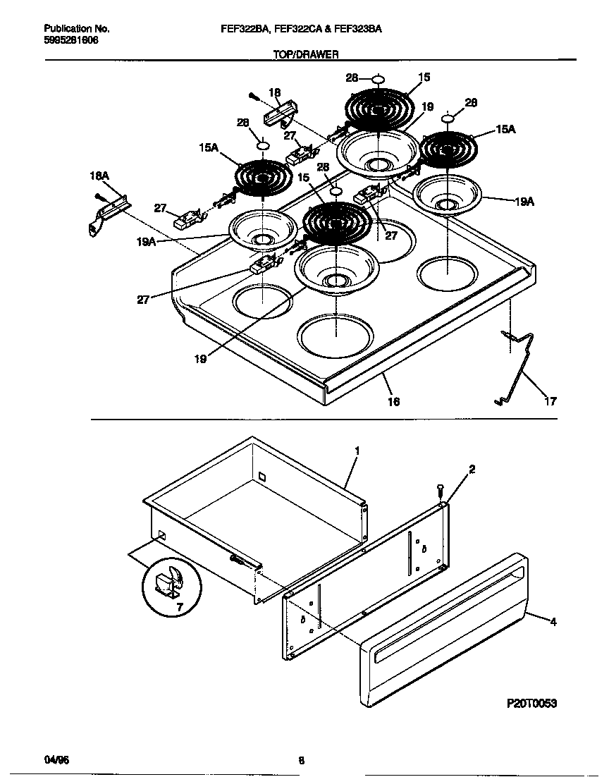 Frigidaire FEF323BAWE top/drawer diagram
