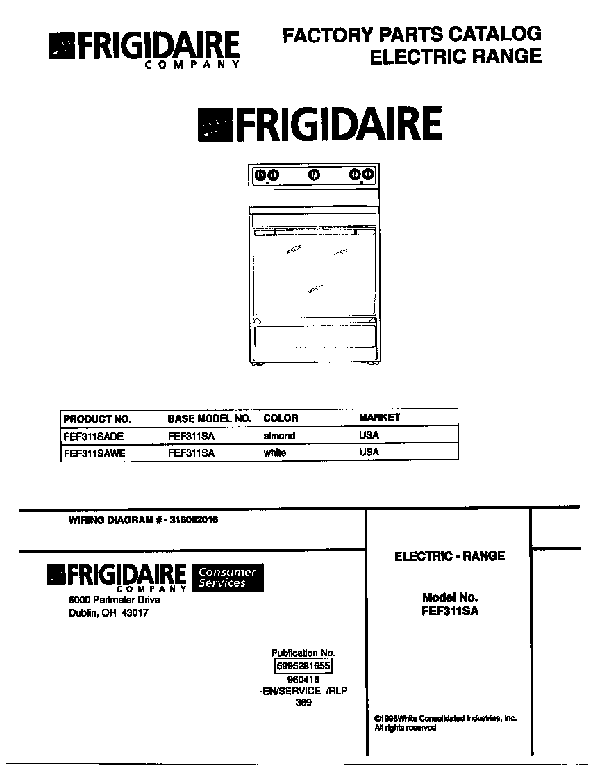 Frigidaire FEF311SADE cover diagram