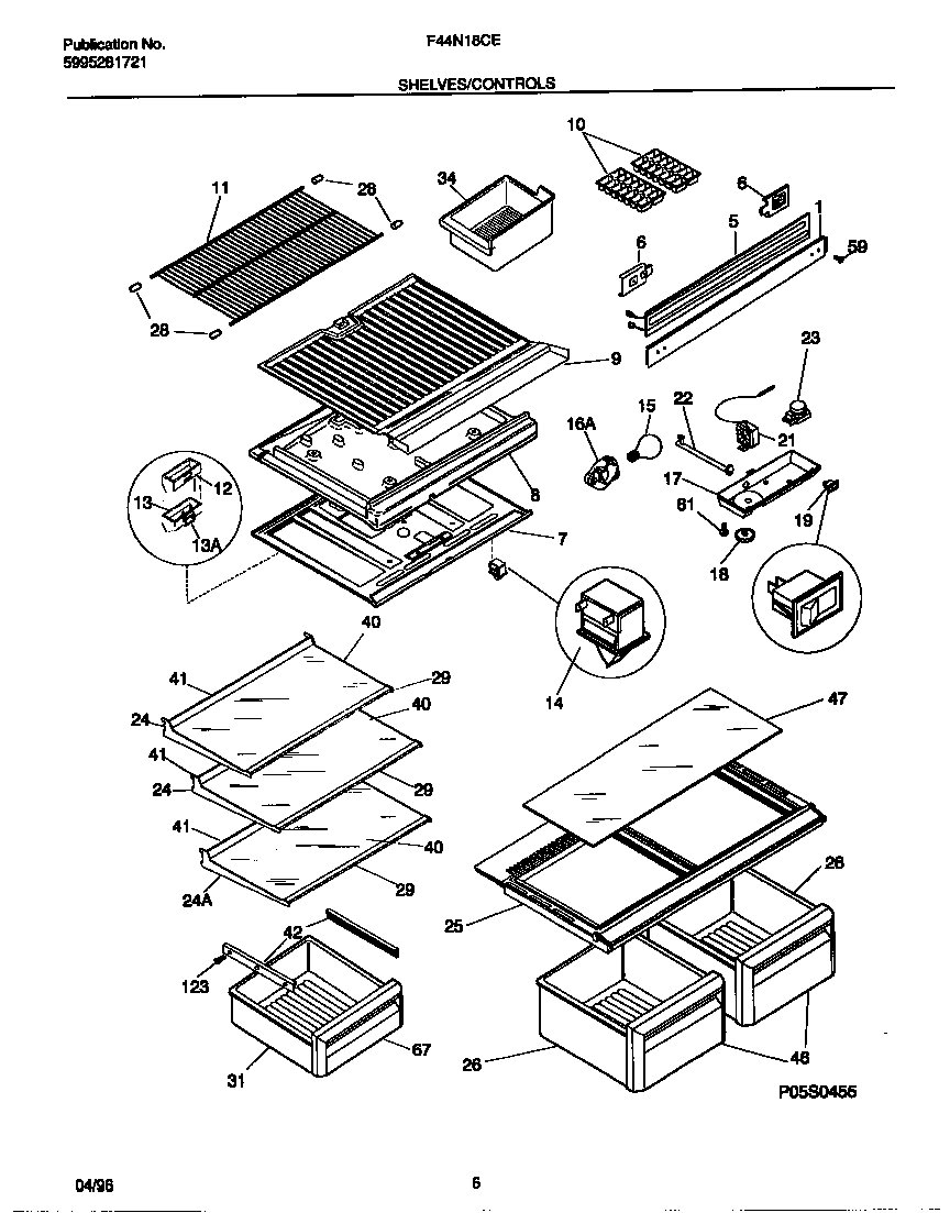 Frigidaire F44N18CEW1 shelves/controls diagram