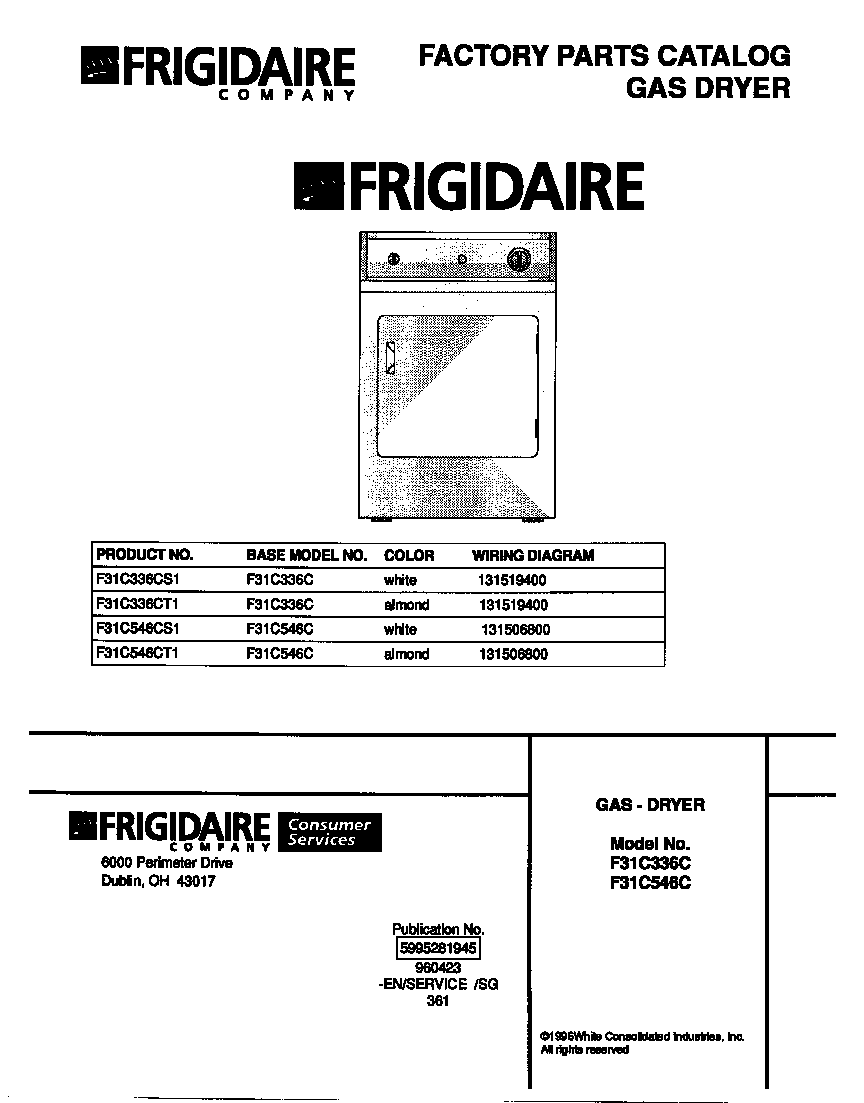 Frigidaire F31C546CS1 cover diagram