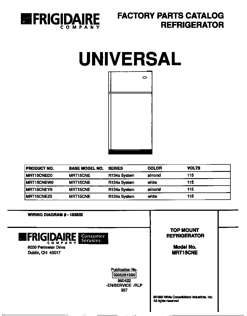 Universal/Multiflex (Frigidaire) MRT15CNEZ0 cover diagram