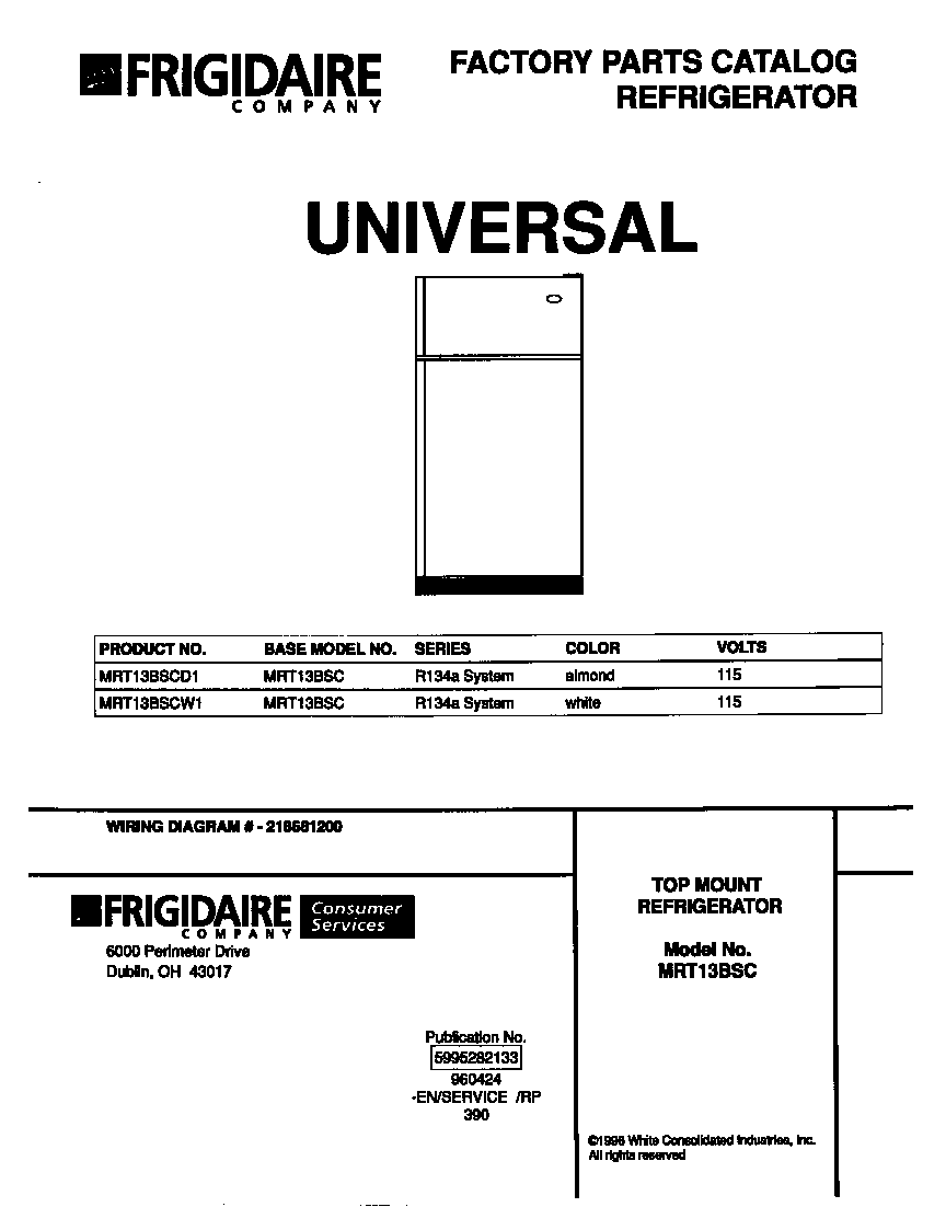 Universal/Multiflex (Frigidaire) MRT13BSCW1 cover diagram