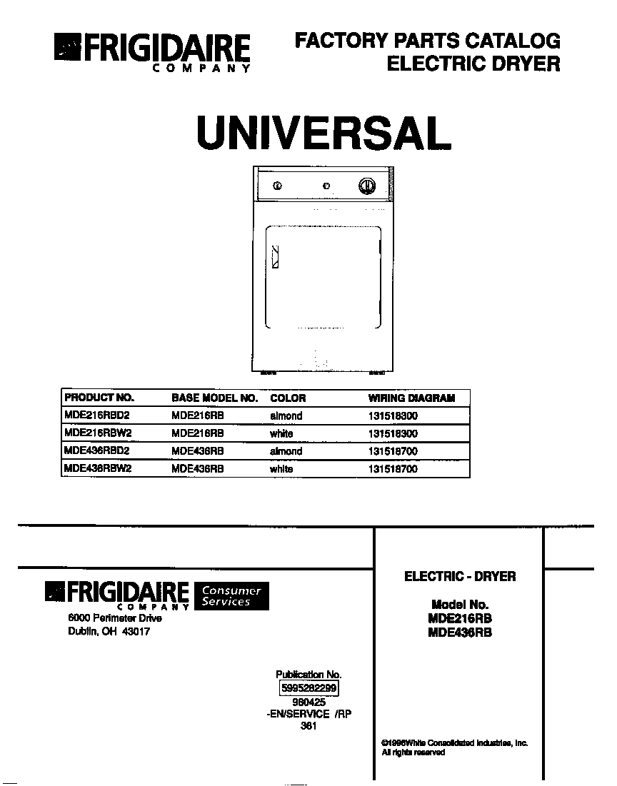 Universal/Multiflex (Frigidaire) MDE436RBD2 cover diagram