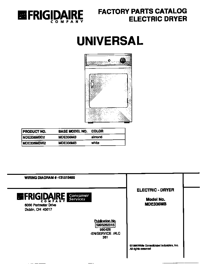 Universal/Multiflex (Frigidaire) MDE336MBD2 cover diagram