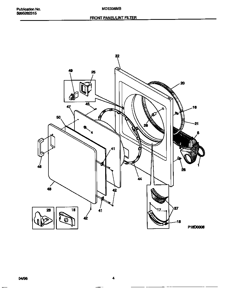 Universal/Multiflex (Frigidaire) MDE336MBD2 front panel/lint filter diagram